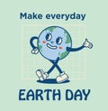 Happy Earth Day retro card with slogan. Vintage nostalgia cartoon planet mascot character with smiling face. Globe with