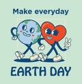 Happy Earth Day retro card with slogan. Vintage nostalgia cartoon planet mascot character with smiling face. Globe with