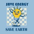 Happy Earth Day retro card with slogan. Vintage nostalgia cartoon planet mascot character with smiling face. Globe with