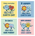 Happy Earth Day retro cards with slogan. Vintage nostalgia cartoon planet mascot character with smiling face. Globe with