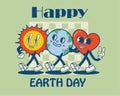 Happy Earth Day retro cards with slogan. Vintage nostalgia cartoon planet mascot character with smiling face. Globe with