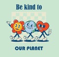 Happy Earth Day retro cards with slogan. Vintage nostalgia cartoon planet mascot character with smiling face. Globe with