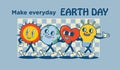 Happy Earth Day retro cards with slogan. Vintage nostalgia cartoon planet mascot character with smiling face. Globe with