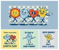 Happy Earth Day retro cards with slogan. Vintage nostalgia cartoon planet mascot character with smiling face. Globe with