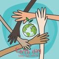 Happy earth day , save the world concept. hands of people of different nationalities working together for saving environment Royalty Free Stock Photo