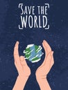 Happy Earth Day! Save the World. Hand holding Globe earth on blue background with grunge texture. Vector eco design Royalty Free Stock Photo