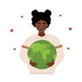 Happy Earth day. Smiling african girl holding Planet with care and love. Caring for Nature and environment. Concept of Royalty Free Stock Photo