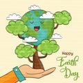 Happy Earth Day green planet tree cartoon card
