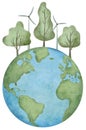 Happy Earth Day. World globe with trees and windmill. International Mother Earth Day. Watercolor illustration.