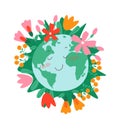 Happy earth with flowers flat icon Planet protection Royalty Free Stock Photo