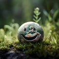 Happy Earth in a green field, world laughter day. Earth in the shape of happy emoji. Happy world smiling icon for social media Royalty Free Stock Photo