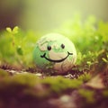 Happy Earth in a green field, world laughter day. Earth in the shape of happy emoji. Happy world smiling icon for social media Royalty Free Stock Photo