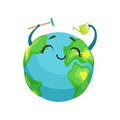 Happy Earth planet character cleaning itself with rake and watering can, cute globe with smiley face and hands vector