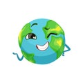 Happy Earth planet character winking, cute globe with smiley face and hands vector Illustration