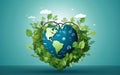 Happy Earth and world health day poster with a plastic globe in heart shaped greenery, fresh grass, plants. Wild nature 3d render
