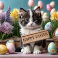 Cute fluffy black and white kitten Happy Easter Royalty Free Stock Photo