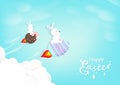 Happy Easter, adorable rabbit riding rocket egg on sky, adventure concept, calligraphy greeting card, cartoon invitation poster