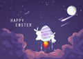 Happy Easter, adorable rabbit riding rocket egg on sky, astronomy adventure concept, greeting card, cartoon invitation poster