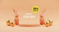 A happy easter advertisement with bunnies and eggs Royalty Free Stock Photo