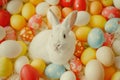 Happy easter aesthetic Eggs Bunny Harmony Basket. White decorated egg Bunny kindness. easter party supplies background wallpaper Royalty Free Stock Photo