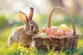 Happy easter Alpine flower Eggs Geranium blooms Basket. White shimmering Bunny Ornaments. hope background wallpaper