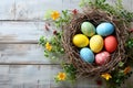Happy easter anemones Eggs Greenery Basket. White Cute Bunny cornflower blue. charity events background wallpaper Royalty Free Stock Photo