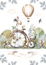 Happy Easter animals bunny and vintage bike with full basket of flowers. Hand painting isolated watercolor Easter illustration Royalty Free Stock Photo