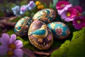 Happy Easter. Art colorful easter eggs decorated on green grass Royalty Free Stock Photo