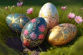 Happy Easter. Art colorful easter eggs decorated on green grass Royalty Free Stock Photo