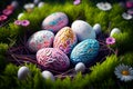 Happy Easter. Art colorful easter eggs decorated on green grass Royalty Free Stock Photo