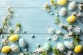 Happy easter artful note Eggs Pastel baby salmon Basket. White cute Bunny Easter egg hunt. plush backpack background wallpaper Royalty Free Stock Photo