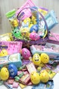 Happy Easter assortment of easter candies.. marshmallow peeps, jellybeans, chocolate bunnies, easter eggs, pez candies Royalty Free Stock Photo