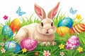 Happy easter available zone Eggs Fellowship Basket. White Floral Bunny floral arrangement. iris background wallpaper Royalty Free Stock Photo