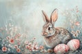 Happy easter Azure Eggs Canola blossoms Basket. White jest Bunny Rosebud Pink. Whiskers background wallpaper