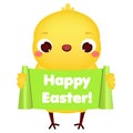 Happy Easter. baby chicken hold greeting banner. Cute cartoon chick. isolated vector clip art