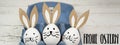 Happy Easter background banner panorama greeting card -Close-up from colorful painted eggs / easter bunnies in blue egg carton on Royalty Free Stock Photo