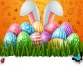Happy Easter background with colored decorated eggs, insects and bunny ears on cute doodles orange background