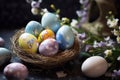Happy Easter background with colorful eegs and flowers. Holiday concept Royalty Free Stock Photo