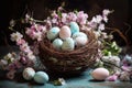 Happy Easter background with colorful eegs and flowers. Holiday concept Royalty Free Stock Photo
