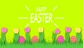 Happy Easter background with colorful eggs and tulips in bright green grass. Festive decoration. 3D vector, paper cut style Royalty Free Stock Photo