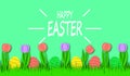 Happy Easter background with colorful eggs and tulips in bright green grass. Festive decoration. 3D vector, paper cut style Royalty Free Stock Photo
