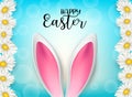 Happy Easter background with 3d realistic bunny ears on blue backdrop with flowers.