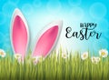 Happy Easter background with 3d realistic bunny ears in green glass and flowers on blue backdrop.