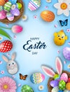 Happy easter background with eggs in the nests, flowers and butterflies