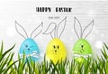 Happy Easter Background With Funny Colorful Eggs And Grass On Wooden Texture. Egg Hunt. Vector Illustration. Design Layout For Inv