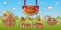 Happy easter background with gingerbread cookies. Easter landscape with gingerbread houses and train