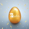 Happy Easter background with golden egg and confetti in realistic style.