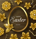 Happy Easter background with Golden frame,serpentine and flowers on wooden texture. Design layout for invitation, card