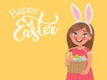 Happy Easter background with the inscription and a girl with rabbit ears who holds a basket with eggs