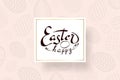 Happy Easter background, lettering, eggs texture pastel. Greeting Easter 3D card. Gold decoration frame, handwritten